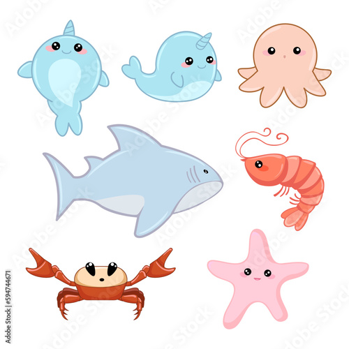 Marine set of cute kawaii marine. ocean animals shark  starfish  lobster  crab  octopus  narwhal cartoon style baby elements for wrap design  wallpapers  cards