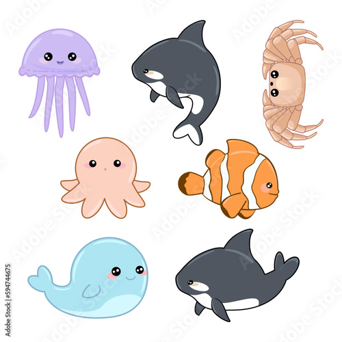 Sea set of cute kawaii marine, ocean animals killer whale, whale, crab, octopus, jellyfish, narwhal cartoon style children's elements for wrap design, wallpapers, cards