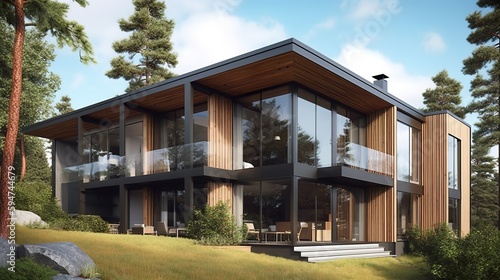 Scandinavian contemporary house exterior with panoramic glass windows to the forest, AI generated  © Hdi