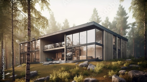 Modern and nordic style luxury house exterior panoramic windows, AI generated with panoramic windows © Hdi
