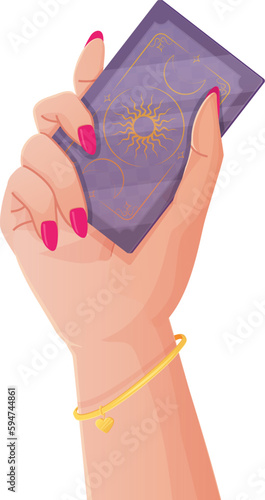 Cartoon Realistic Style Fortune Teller Hand with Tarot Card, Pink Manicure, and Golden Bracelet