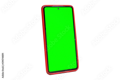 Celular con pantalla verde, de lado, en fondo blanco full, horizontal con funda roja