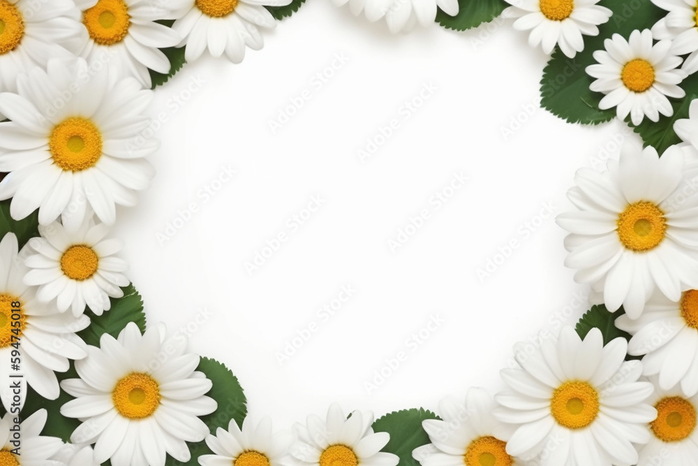 Frame made of white daisies and green leaves on white background. copyspace. Generative AI Frame made of white daisies and green leaves on white background. copyspace. Generative AI