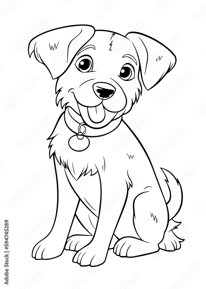 Dog Character Vector, Coloring Book Page with Dog, Coloring page outline of a cute dog, coloring page with Animal character 