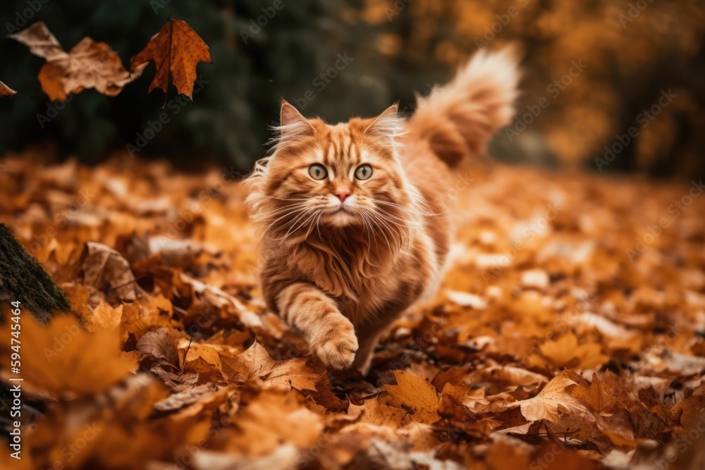 A cat running through the leaves of autumn Generative AI