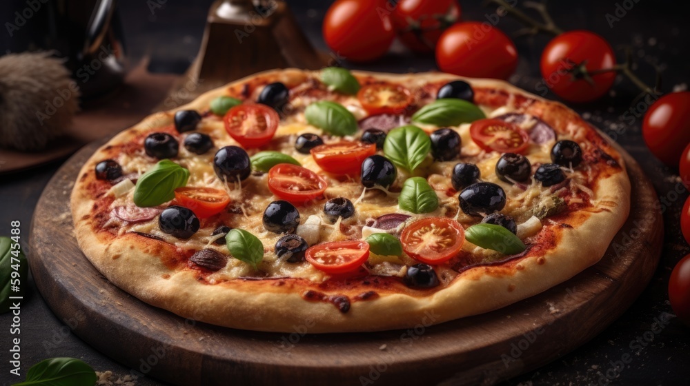 A pizza with mushrooms and olives on it Generative AI