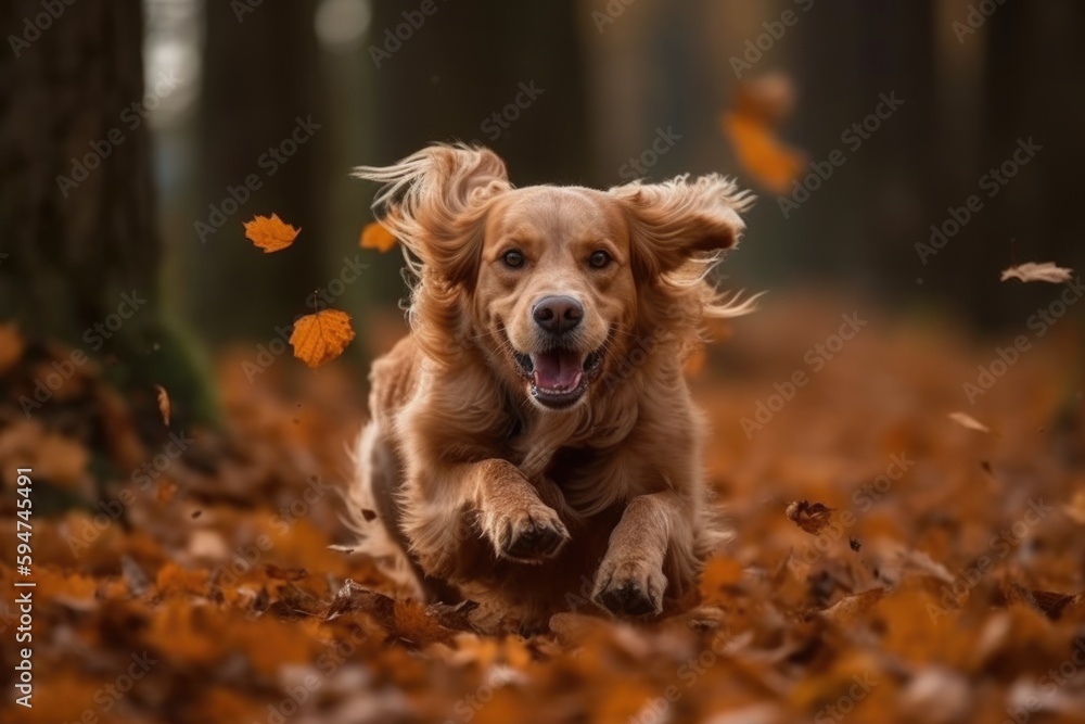 A dog running through leaves in autumn Generative AI A dog running through leaves in autumn Generative AI
