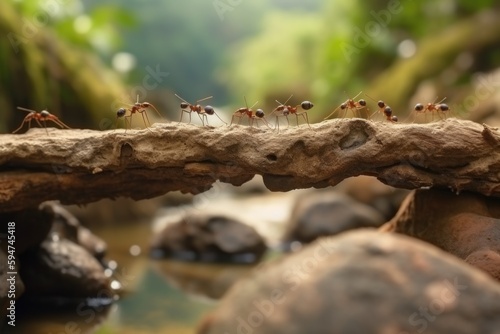 A group of ants on a log teamwork with a blurred background Generative AI