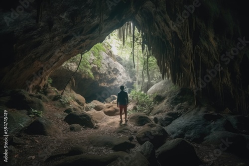 A man stands in a dark cave with a large opening in the middle Generative AI