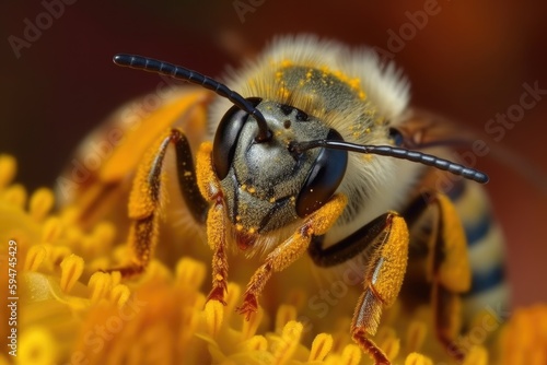 A bee on a flower with a yellow background Generative AI © FryArt Studio