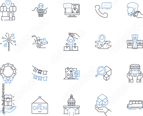 Local mail delivery line icons collection. Courier, Parcel, Postman, Dispatch, Delivery, Mailbox, Messenger vector and linear illustration. Postcard,Package,Stamp outline signs set