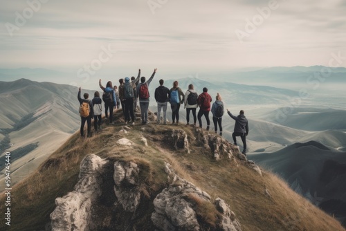 A group of people on a mountain top with the sky in the background Generative AI