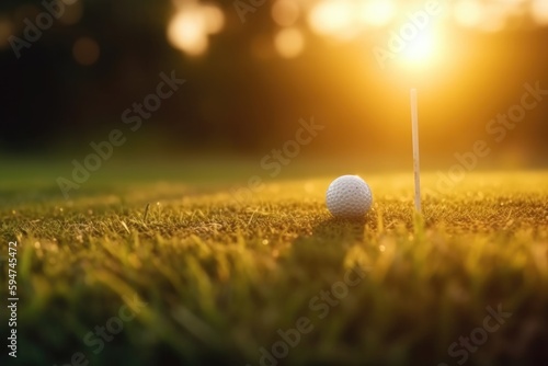 Golf ball on the grass with the sun shining Generative AI
