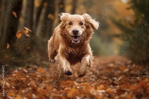 A dog running through a forest with leaves on the ground Generative AI