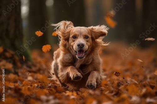 A dog running through leaves in autumn Generative AI