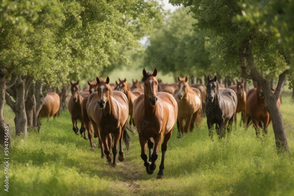 Fototapeta premium Horses running on a path in a field Generative AI