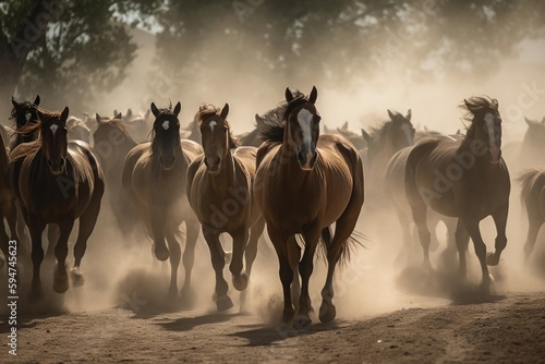 Horses running on a path in a field Generative AI