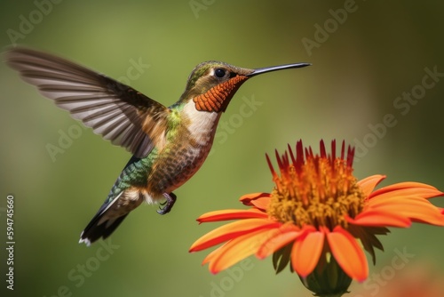 Close-up photograph of a hummingbird in mid-flight, hovering in front of a flower