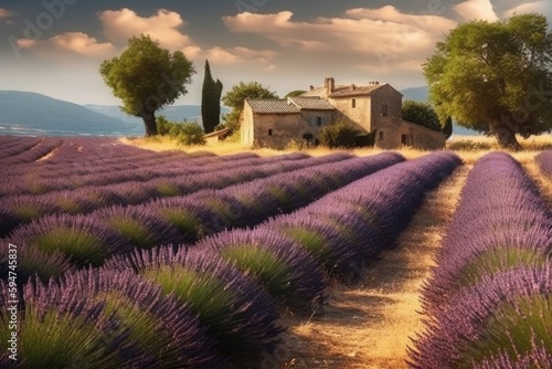 A lavender field with a house in the background Generative AI
