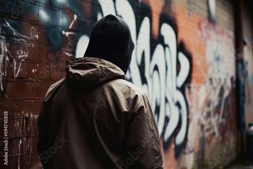 man with a hood infront of a graffiti on a brick wall 