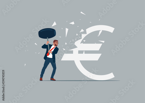 Businessman  uses sledgehammer and attack euro sign. Flat vector illustration.