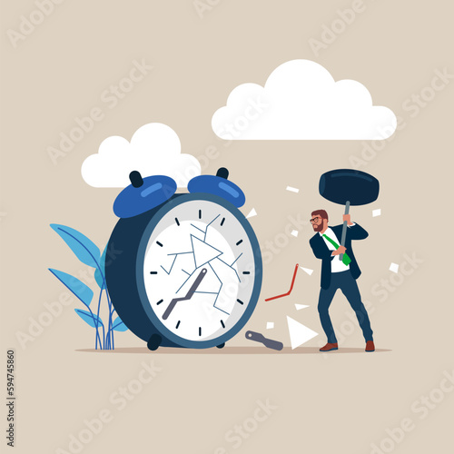 Businessman  uses sledgehammer and breaks hitting alarm clock with broken glass. Flat vector illustration.