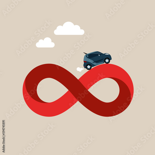 Businessman riding in automobile traveling on never ending infinity loop. Business cycle, infinity routine job or career path, competition to success, impossible illusion. Flat  vector illustration.
