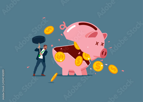 Businessman with sledgehammer about to break pink piggy bank to find money. Flat vector illustration.