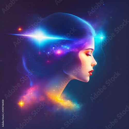 Mix of human and universe, people of the future, study of the human soul, science psychology, esotericism, illustration generated by AI 
