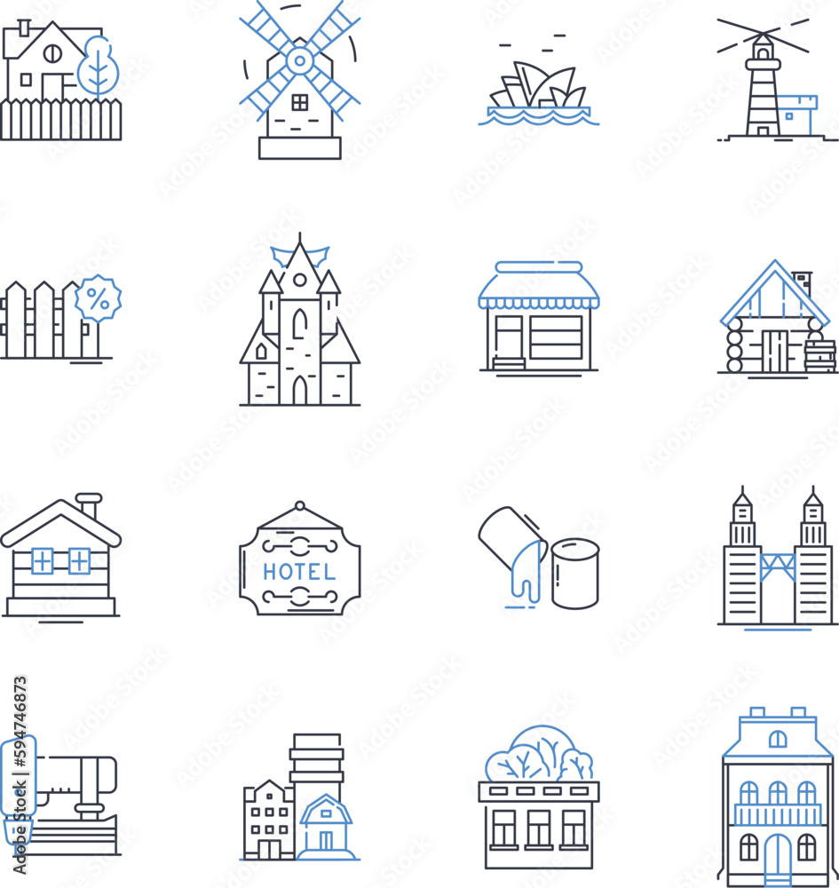 Architecture line icons collection. Modern, Classic, Contemporary, Minimalist, Ornate, Gothic, Sustainable vector and linear illustration. Eclectic,Monumental,Futuristic outline signs set