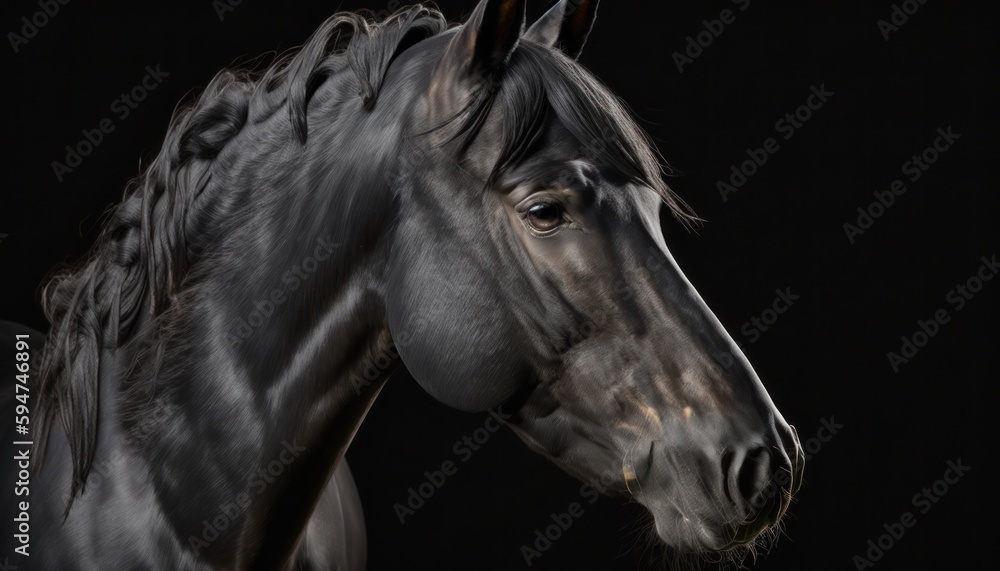 Beautiful young black horse isolated on black background generative ai Beautiful young black horse isolated on black background generative ai