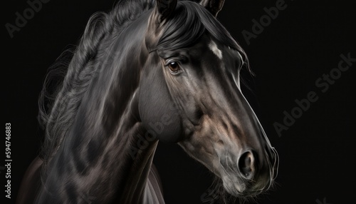 Beautiful young black horse isolated on black background generative ai