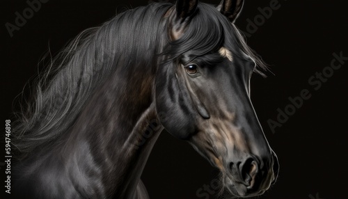 Beautiful young black horse isolated on black background generative ai © Hixel