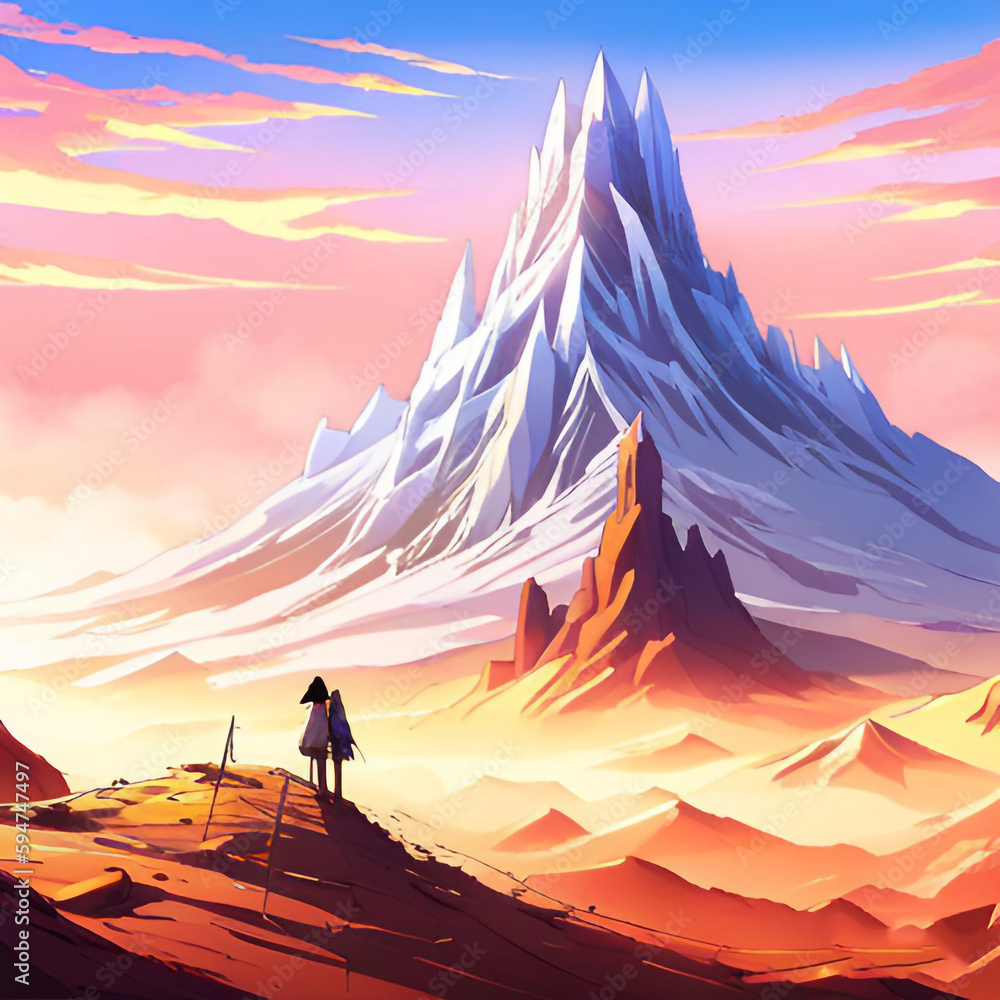 Fototapeta premium Fantasy Anime White Snow Mountain with Adventurer Walking