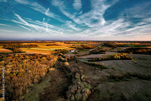 Autumn drone image of the fields in Wisconsin 
