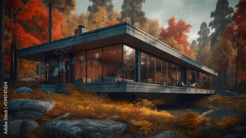 3D visualization of a modern private house in the forest. cozy home. generated by ai