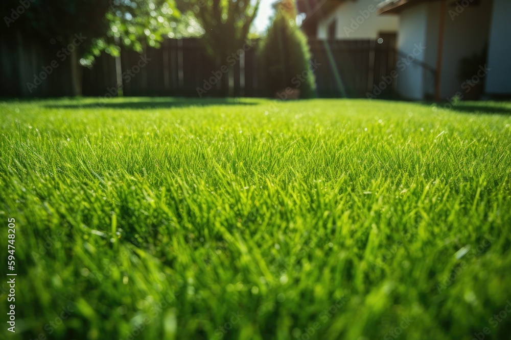 Beautiful short cut fresh lawn in the backyard. Generative AI
