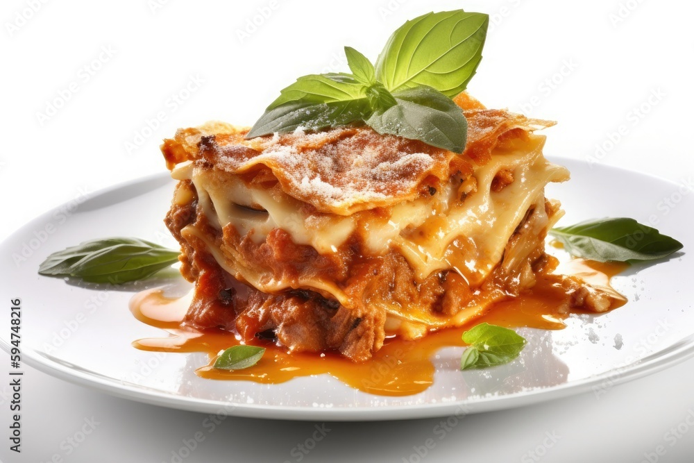 A large piece of juicy lasagna with a leaf of basil on a white plate. Generative AI