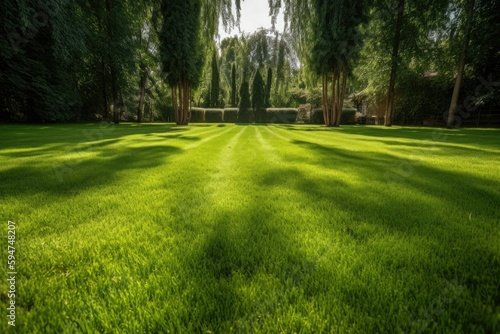 Freshly cut grass in the backyard of a private house. Generative AI