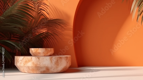 Minimal mockup with premium podium made of natural stone slabs and palm-leaf shadows on the orange wall Generative AI