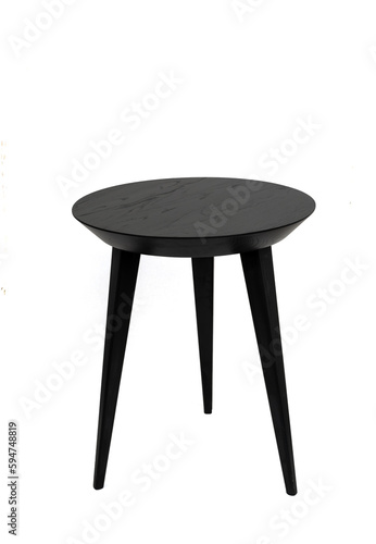 Round black wooden coffee table on three legs with a beautiful wood texture. Isolated on a white background