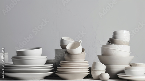 Stacked tableware on white background Generative AI