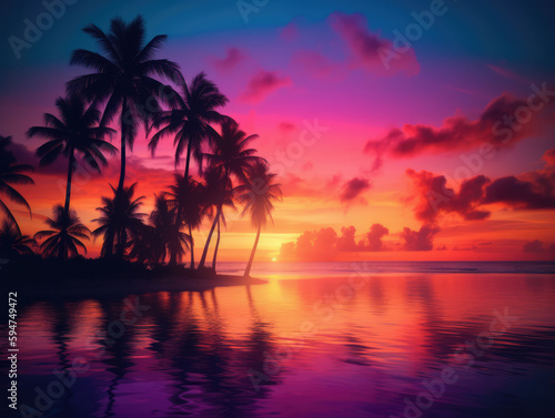 Tropical Beach Sunset created with Generative AI Technology, ai, generative