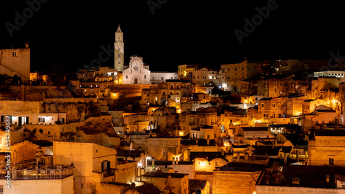Matera, Italy. Amazing view of the Sassi of Matera at night. Landscape of the historical part of the town. An Unesco World Heritage Site. Touristic destination