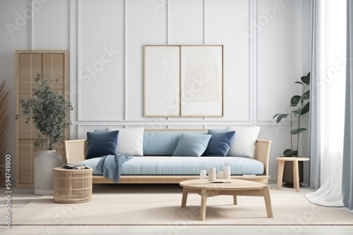 Japandi minimalist living room with blank white frame mockup in white and blue tones. sofa  rattan furniture  and wallpaper. design of a farmhouse interior  generative AI