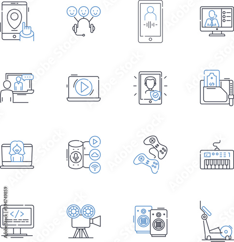 Hardware and software line icons collection. ardware, Processor, Motherboard, Graphics card, RAM, SSD, Hard drive vector and linear illustration. Monitor,Keyboard,Mouse outline signs set