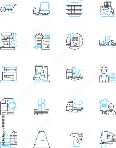 Housing developers linear icons set. Construction, Real Estate, Development, Buildings, Properties, Neighborhoods, Growth line vector and concept signs. Design,Planning,Architecture outline