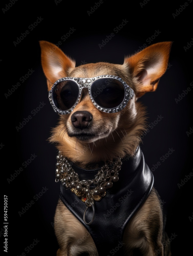A dog wearing sunglasses and a leather jacket with a silver chain around it.