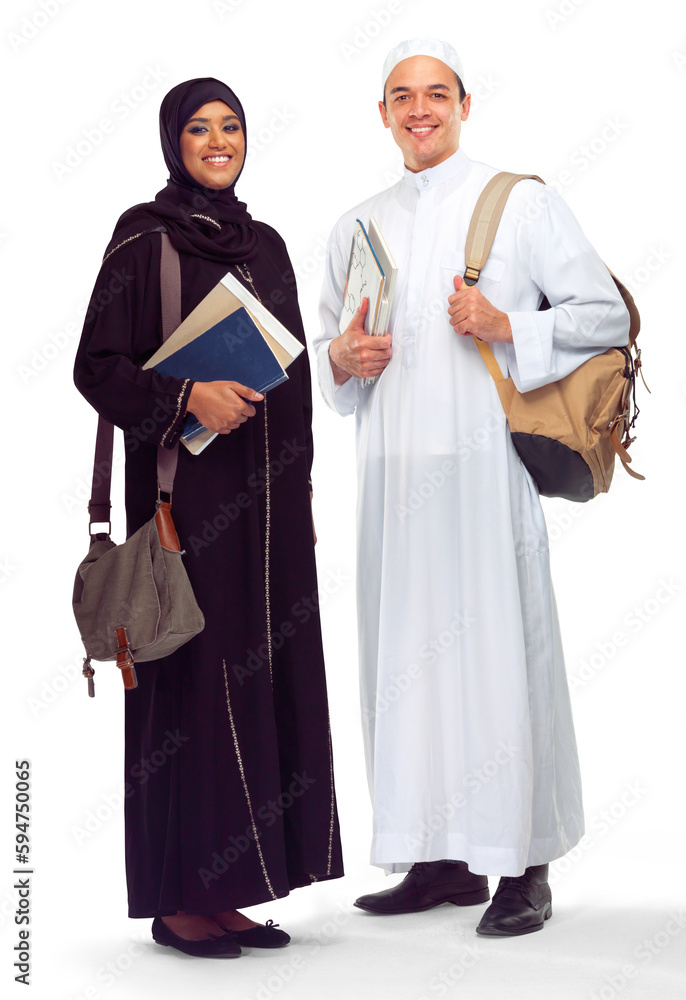 Friends, education and portrait of Muslim woman and man on isolated, png and transparent background. University, learning and happy students with textbooks for knowledge, studying and college lesson