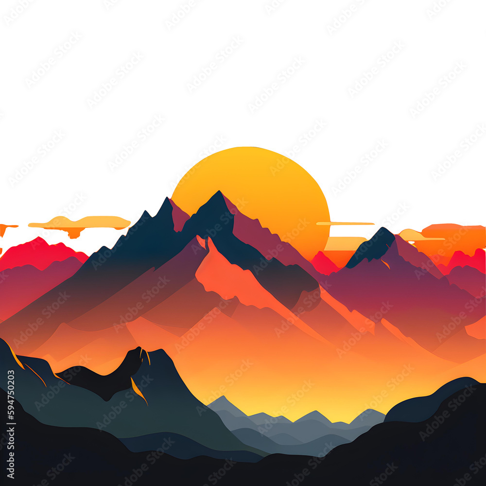 AI generative ClipArt - Mountains with orange sun - with transparent background